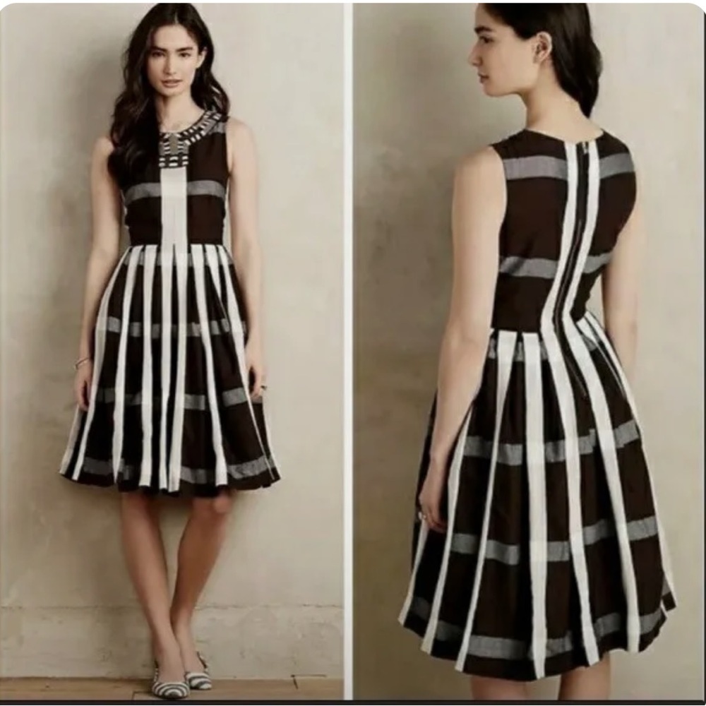 Anthropologie Maeve Women’s Brown Beaded Pleat Plaid Fit Flare Knee Length Dress